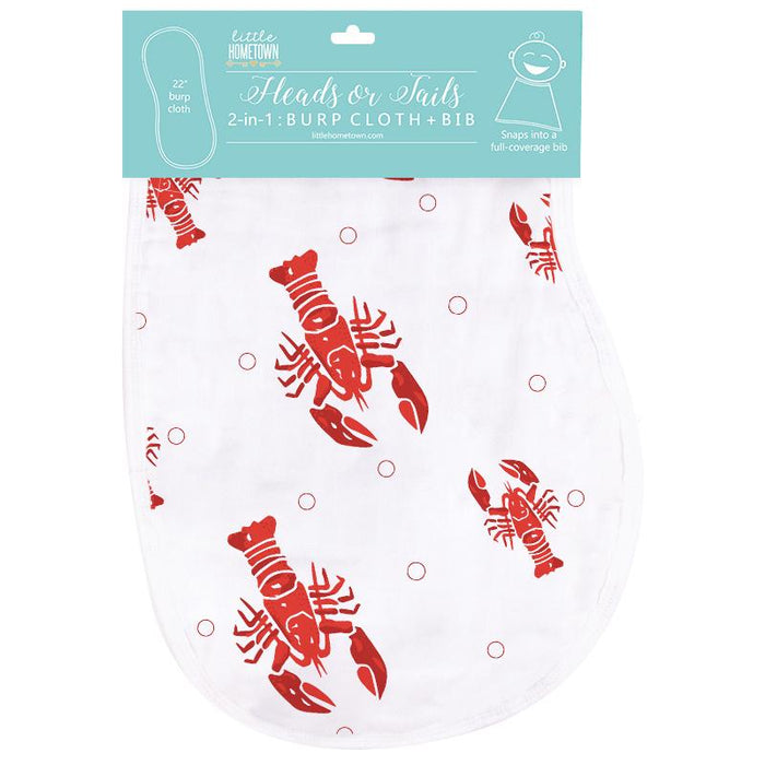 Little Hometown 2-in-1 Burp Cloth and Bib: Heads or Tails, Crawfish Lobster