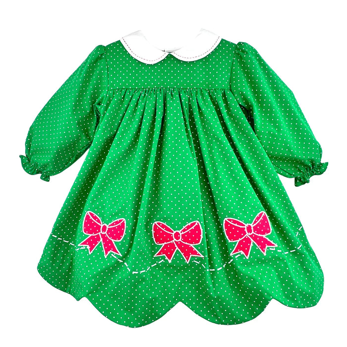 Petit Ami Green/White Dot Dress w/Bow Applique