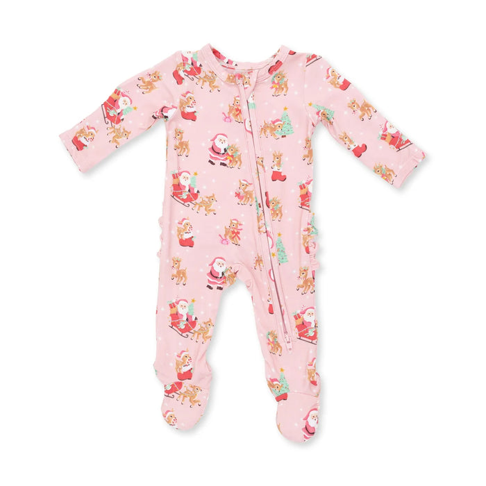 Angel Dear Vintage Reindeer & Santa Pink 2 Way Ruffle Back Zip Footie