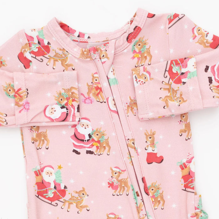 Angel Dear Vintage Reindeer & Santa Pink 2 Way Ruffle Back Zip Footie