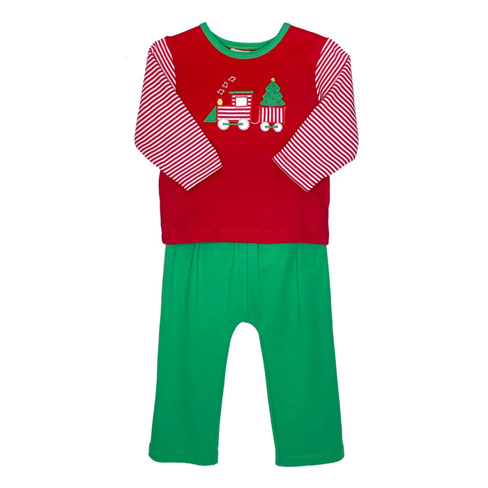 Petit Ami 2 Piece Christmas Pant Set w/Train Embroidery