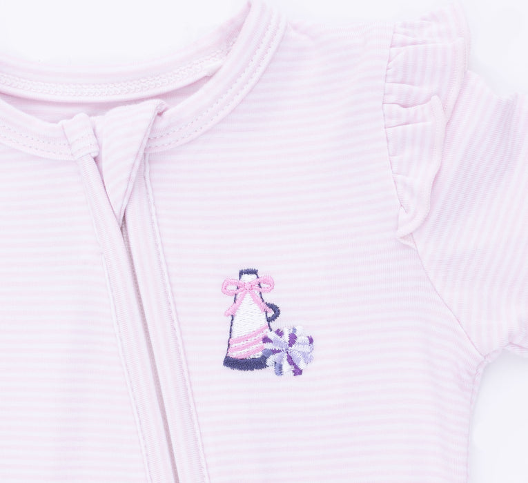 Angel Dear Cheer Pink Micro Stripe Ruffle Sleeve Zip Footie