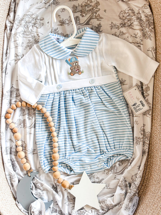 Baby Loren Blue Baseball Bear Hand Embroidered Bubble