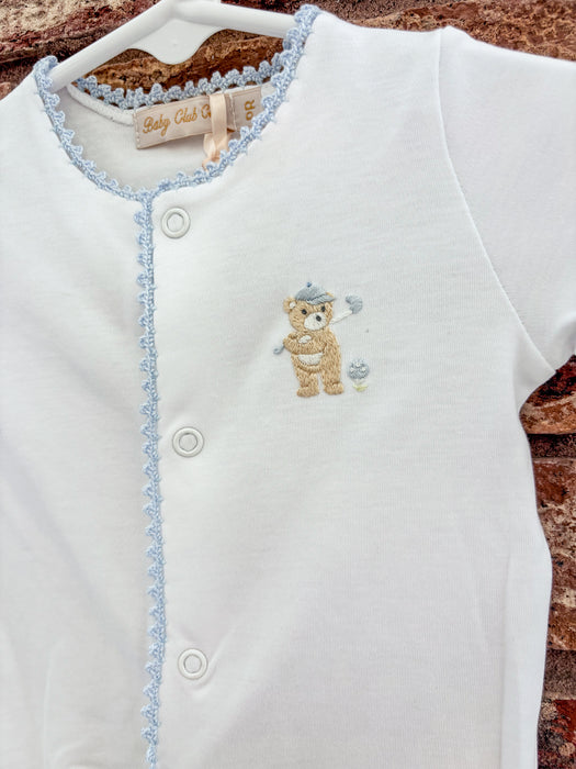 Baby Club Chic Golfing Bear Blue Footie w/Crochet Trim