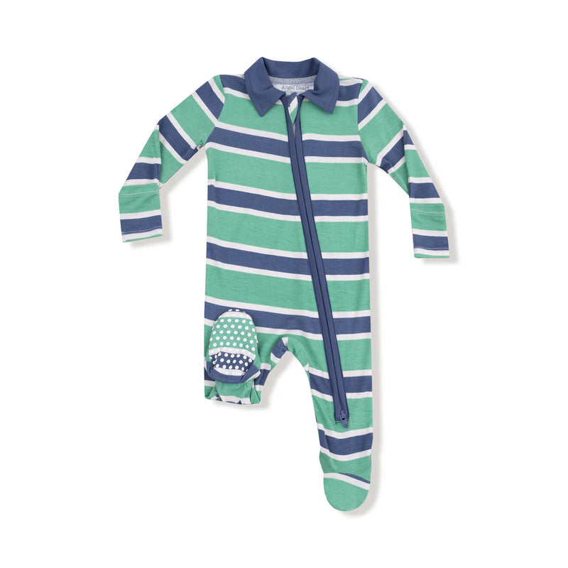 Angel Dear Rugby Stripe Green and Navy Polo Zipper Footie