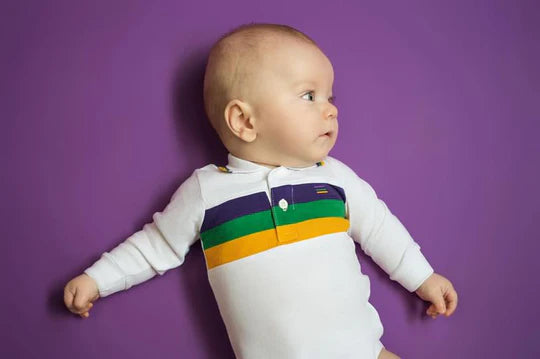 Mardi Gras Creations White Chest Stripe LS Onesie
