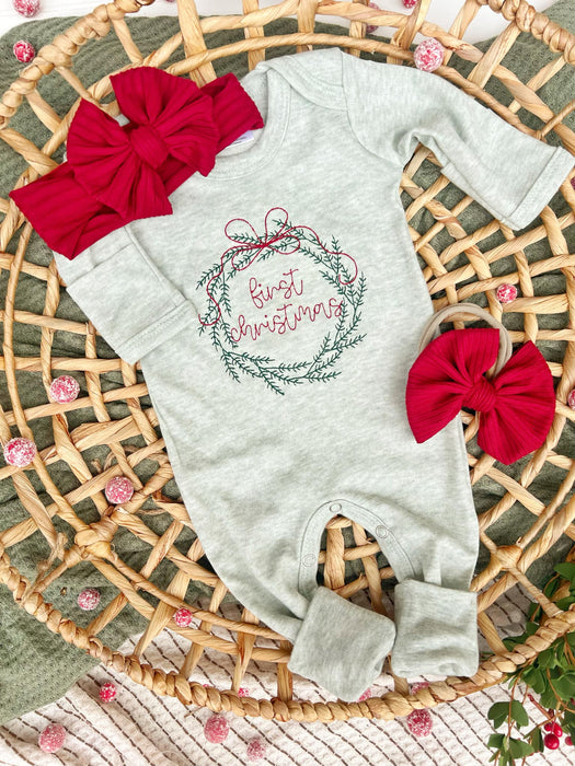 Wonderfully Made Sage Green First Christmas Wreath Outfit NB