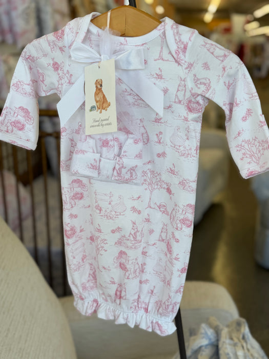 Baby Club Chic Pink Toile Bunnies Gown and Hat Set