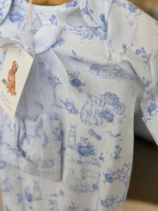 Baby Club Chic Blue Toile Bunnies Gown and Hat Set