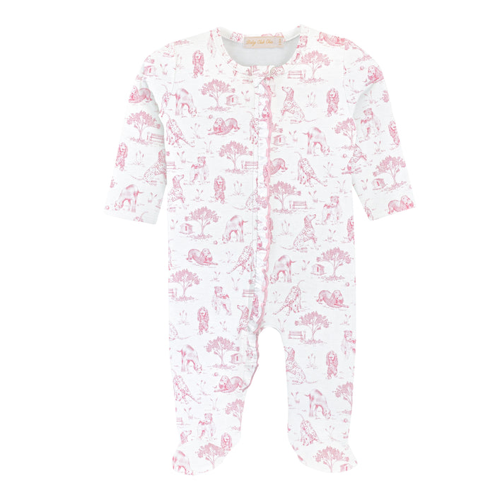 Baby Club Chic Barking Bliss Pink Printed Zipper Footie