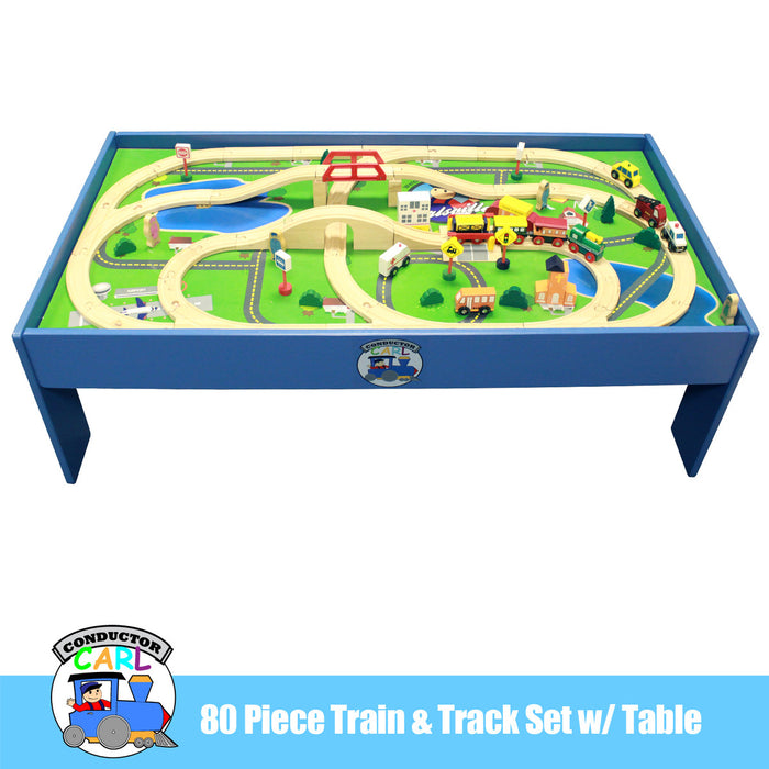 Brybelly Train Conductor Carl 80-Piece Wooden Train Set With Table
